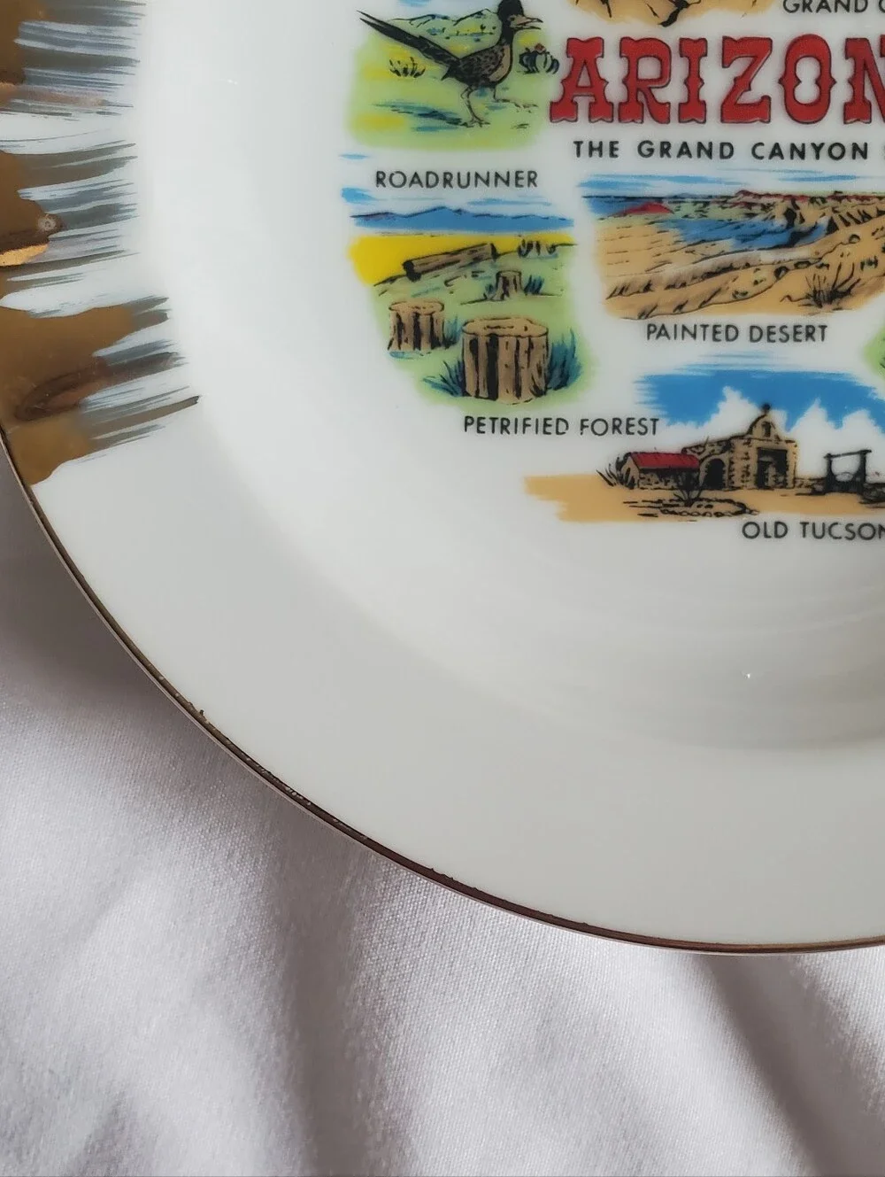 Arizona The Grand Canyon State Vtg Souvenir Decorative Ashtray Plate Gold Trim